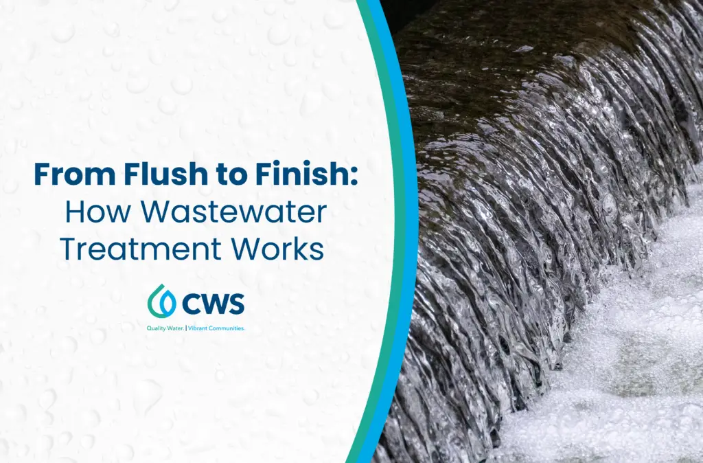 Clean water flowing from a wastewater treatment plant with the "From Flush to Finish: How Wastewater Treatment Works" written next to it.