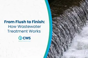 Clean water flowing from a wastewater treatment plant with the "From Flush to Finish: How Wastewater Treatment Works" written next to it.