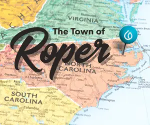 A map graphic of North Carolina with a location marker on the Town of Roper.