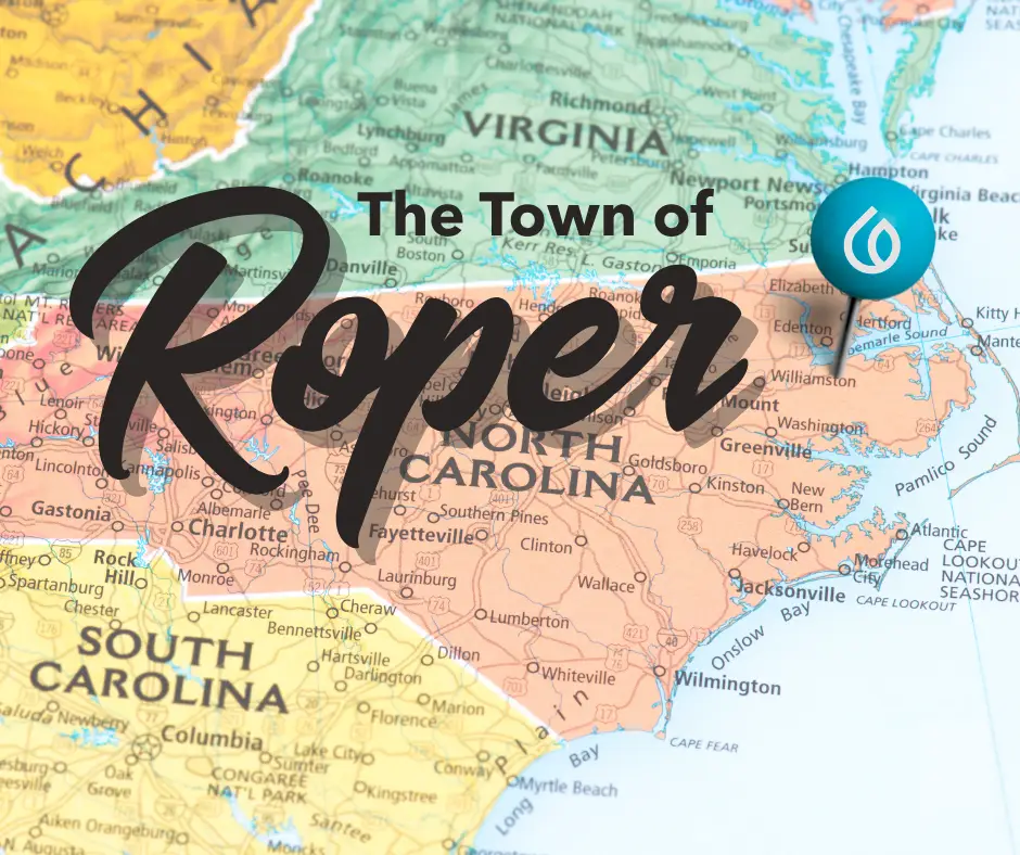 A map graphic of North Carolina with a location marker on the Town of Roper.