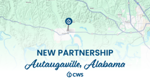 Map of Alabama with the words NEW PARTNERSHIP Autaugaville, Alabama and the ClearWater Solutions logo