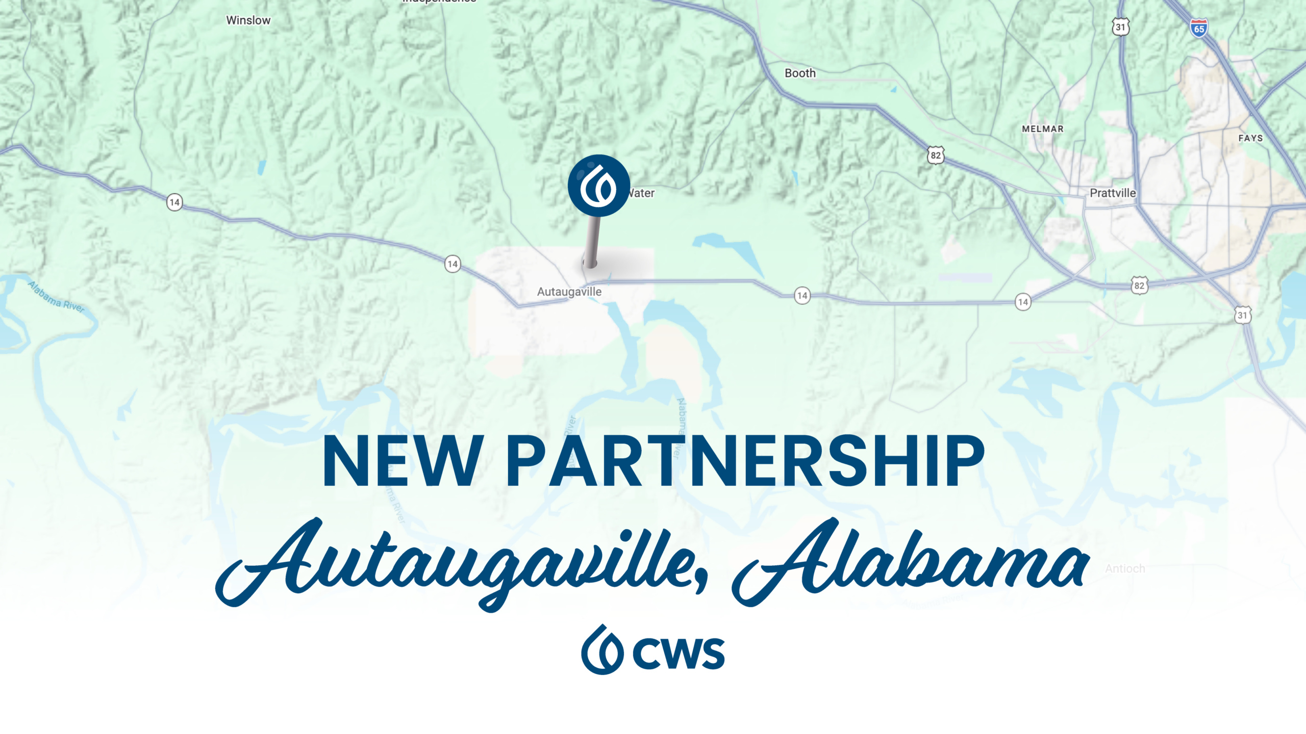 Map of Alabama with the words NEW PARTNERSHIP Autaugaville, Alabama and the ClearWater Solutions logo
