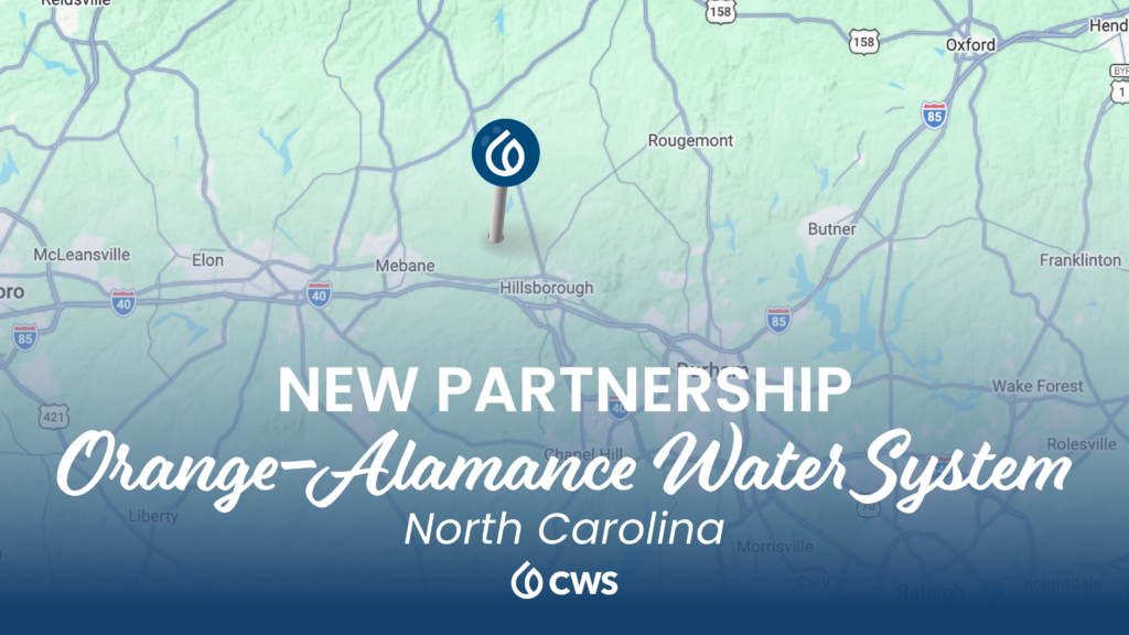 Map of North Carolina with the words NEW PARTNERSHIP Orange-Amalance Water System North Carolina and the ClearWater Solutions logo