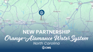 Map of North Carolina with the words NEW PARTNERSHIP Orange-Amalance Water System North Carolina and the ClearWater Solutions logo